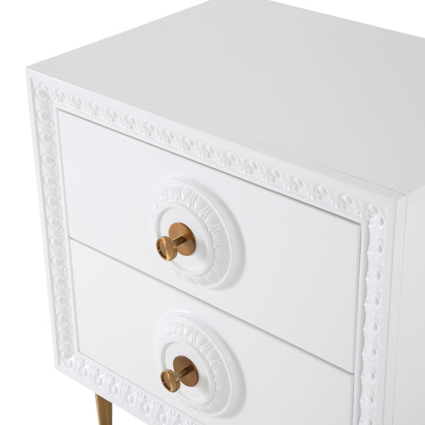 TOV Furniture Bovey Chic White Lacquer Side Table with Gold Accents, Soft-Close Drawers & Stylish Storage Solution TOV-L5525