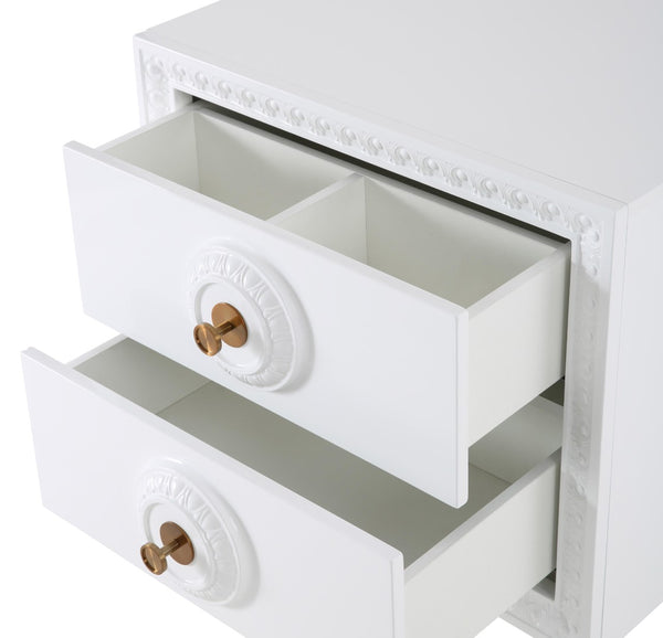 TOV Furniture Bovey Chic White Lacquer Side Table with Gold Accents, Soft-Close Drawers & Stylish Storage Solution TOV-L5525