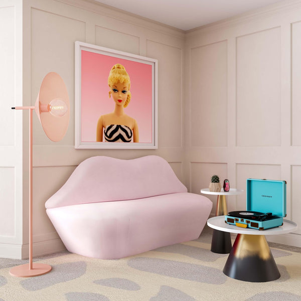 TOV Furniture Lips 68" Velvet Settee - Iconic Kiss-Shaped Design for Modern Living Spaces, Comfort & Style Combined Blush TOV-L68340