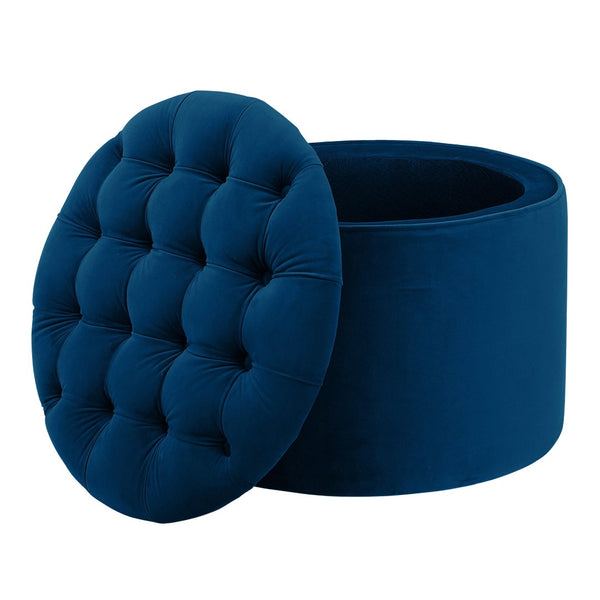 TOV Furniture Queen Velvet Round Storage Ottoman – Luxurious Tufted Accent with Hidden Storage for Stylish Living Spaces Navy TOV-OC141