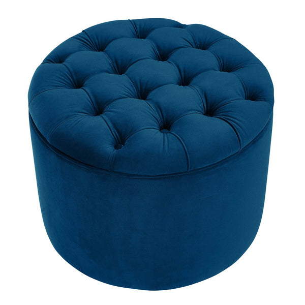 TOV Furniture Queen Velvet Round Storage Ottoman – Luxurious Tufted Accent with Hidden Storage for Stylish Living Spaces Navy TOV-OC141
