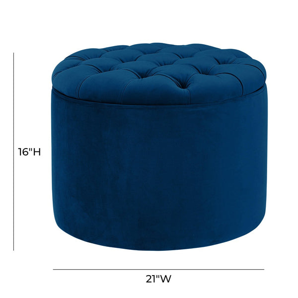 TOV Furniture Queen Velvet Round Storage Ottoman – Luxurious Tufted Accent with Hidden Storage for Stylish Living Spaces Navy TOV-OC141