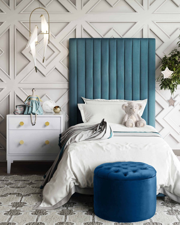 TOV Furniture Queen Velvet Round Storage Ottoman – Luxurious Tufted Accent with Hidden Storage for Stylish Living Spaces Navy TOV-OC141