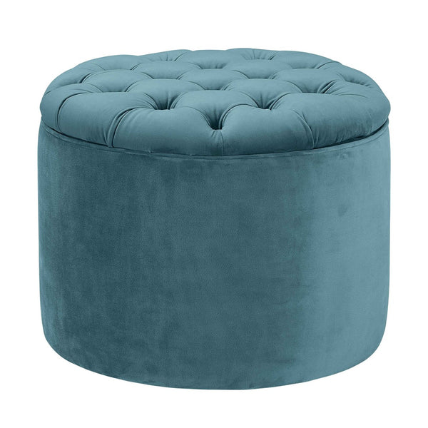 TOV Furniture Queen Velvet Round Storage Ottoman – Luxurious Tufted Accent with Hidden Storage for Stylish Living Spaces Sea Blue TOV-OC144