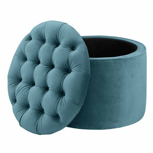 TOV Furniture Queen Velvet Round Storage Ottoman – Luxurious Tufted Accent with Hidden Storage for Stylish Living Spaces Sea Blue TOV-OC144