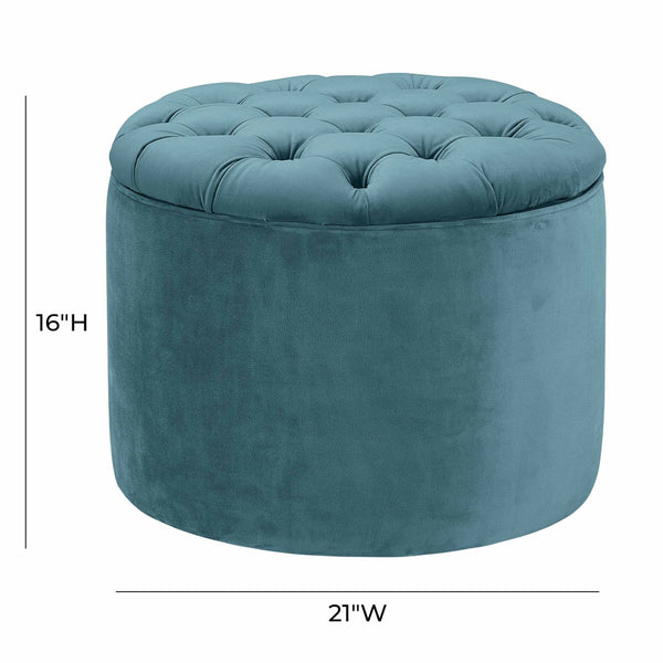TOV Furniture Queen Velvet Round Storage Ottoman – Luxurious Tufted Accent with Hidden Storage for Stylish Living Spaces Sea Blue TOV-OC144