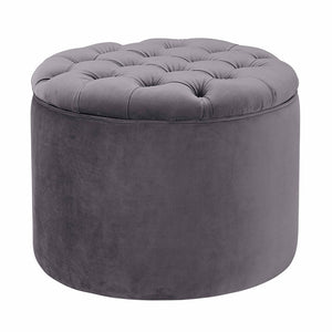 TOV Furniture Queen Velvet Round Storage Ottoman – Luxurious Tufted Accent with Hidden Storage for Stylish Living Spaces Grey TOV-OC145