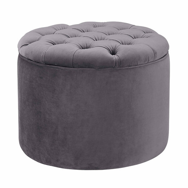 TOV Furniture Queen Velvet Round Storage Ottoman – Luxurious Tufted Accent with Hidden Storage for Stylish Living Spaces Grey TOV-OC145