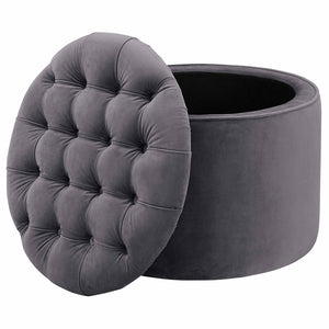 TOV Furniture Queen Velvet Round Storage Ottoman – Luxurious Tufted Accent with Hidden Storage for Stylish Living Spaces Grey TOV-OC145