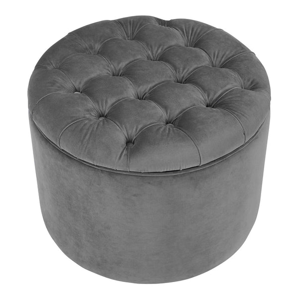 TOV Furniture Queen Velvet Round Storage Ottoman – Luxurious Tufted Accent with Hidden Storage for Stylish Living Spaces Grey TOV-OC145