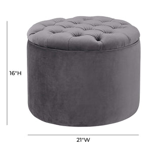 TOV Furniture Queen Velvet Round Storage Ottoman – Luxurious Tufted Accent with Hidden Storage for Stylish Living Spaces Grey TOV-OC145