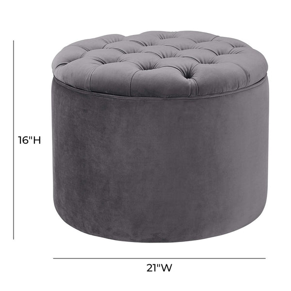 TOV Furniture Queen Velvet Round Storage Ottoman – Luxurious Tufted Accent with Hidden Storage for Stylish Living Spaces Grey TOV-OC145