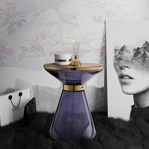TOV Furniture Coral Side Table - Glamorous Hourglass Design with Blue Glass & Gold Top for Chic Interiors TOV-OC18132