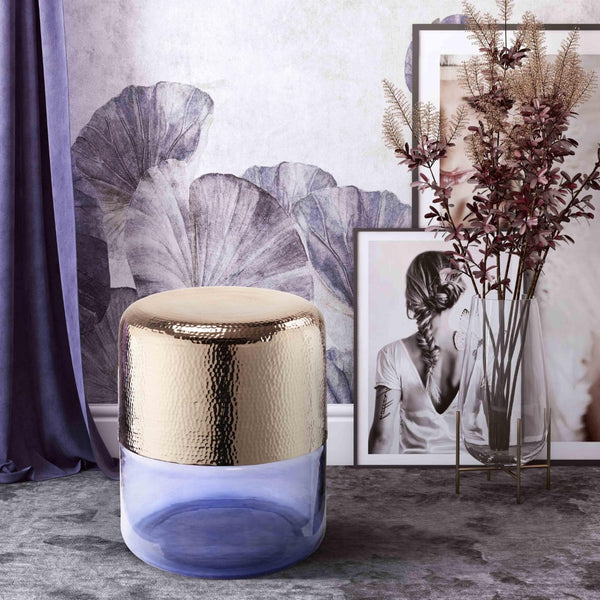 TOV Furniture Kolla Artisan Side Table - Hand-Hammered Gold Finish with Unique Translucent Glass Base Accent Piece Purple TOV-OC18138