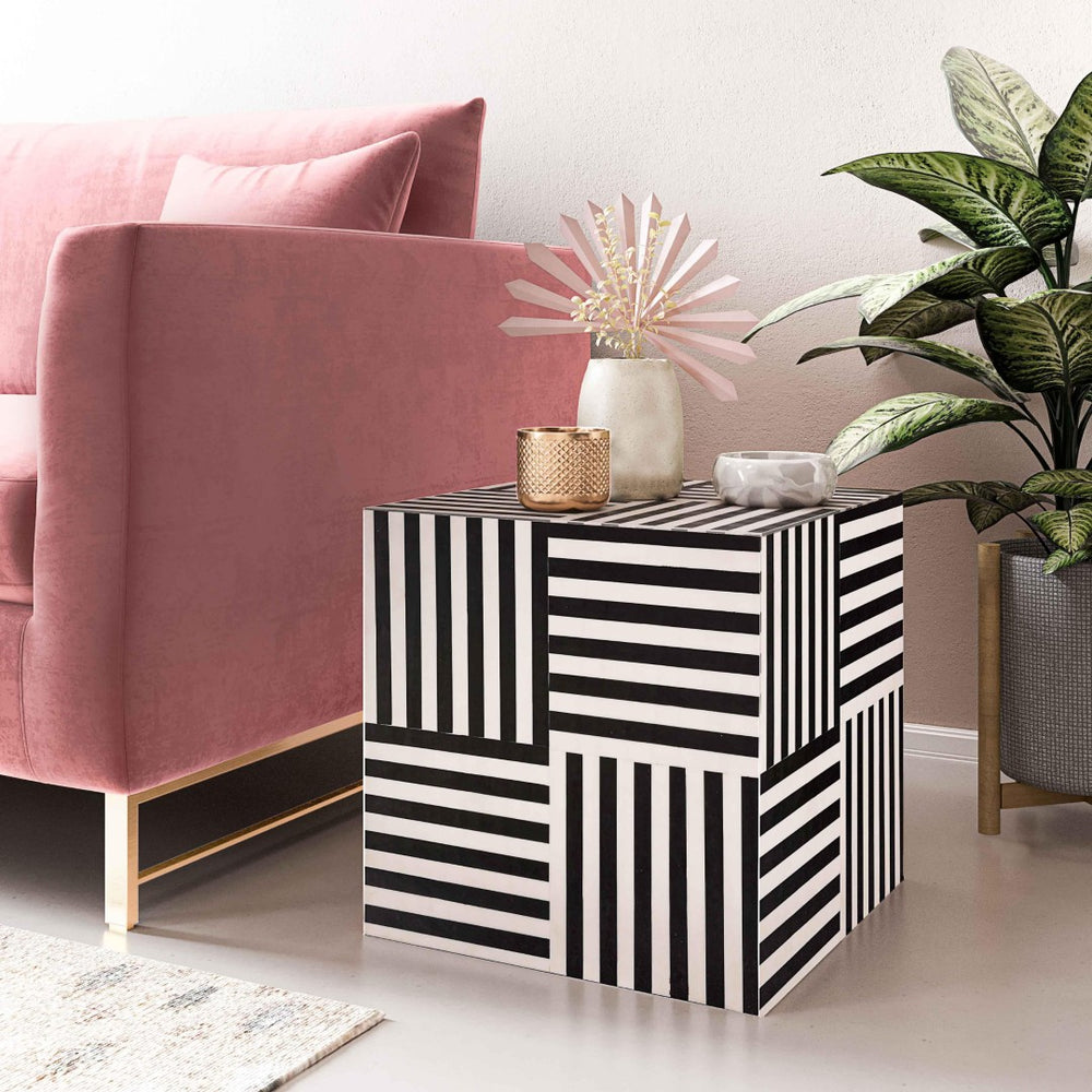 TOV Furniture Cube Geometric Black and White Side Table – Handcrafted Modern Accent for Home Décor & Functionality TOV-OC18360