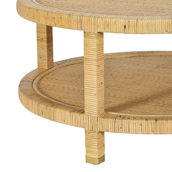 TOV Furniture Amara 33" Hand-Woven Rattan Round Coffee Table with Brass-Capped Legs for Chic Living Spaces TOV-OC21035