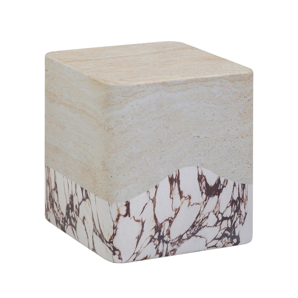 TOV Furniture Brut Concrete Side Table with Faux Travertine Top - Stylish Indoor/Outdoor Accent for Modern Spaces TOV-OC54357