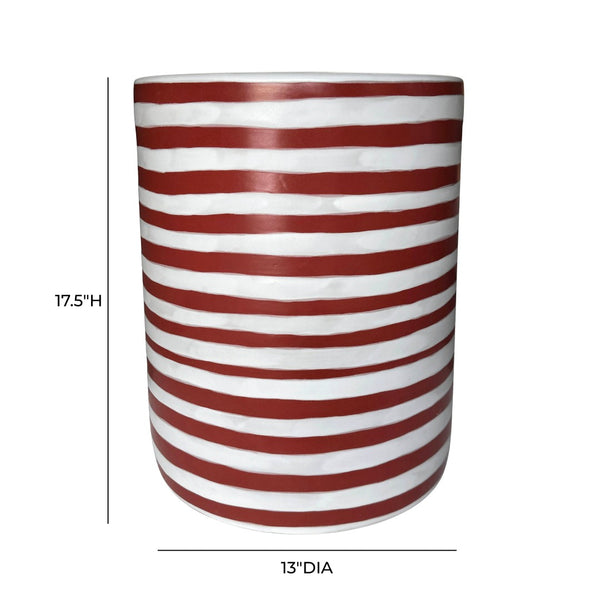 TOV Furniture Tempest Handcrafted Ceramic Side Table - Stylish Indoor/Outdoor Accent with Textured Artistry Red Stripes TOV-OC54701