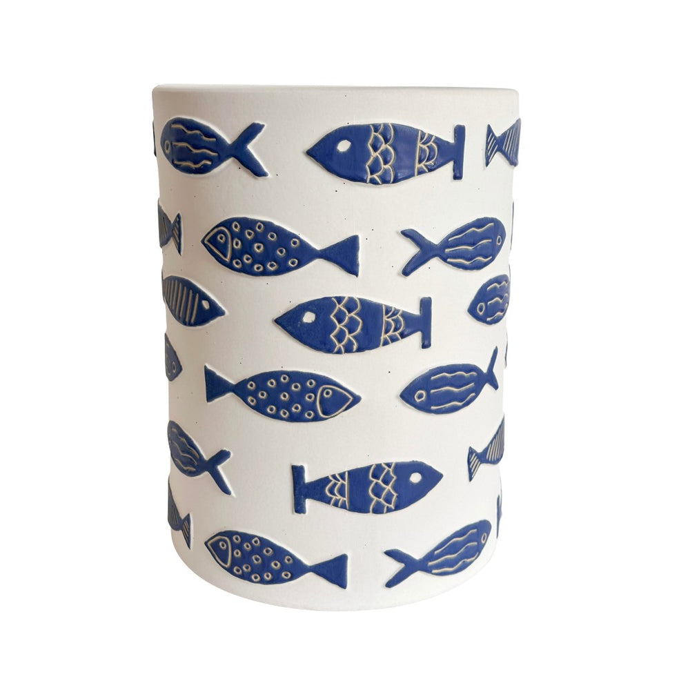 TOV Furniture Tempest Handcrafted Ceramic Side Table with Blue Fish Motif - Indoor/Outdoor Accent Piece TOV-OC54703
