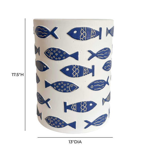 TOV Furniture Tempest Handcrafted Ceramic Side Table with Blue Fish Motif - Indoor/Outdoor Accent Piece TOV-OC54703