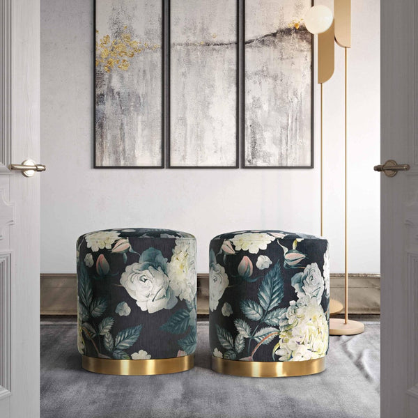 TOV Furniture Opal Velvet Ottoman - Chic Moroccan-Inspired Accent Piece with Gold Base for Modern Living Spaces Floral TOV-OC6308