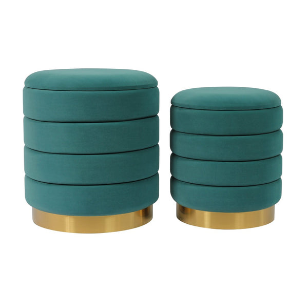 TOV Furniture Saturn Velvet Storage Ottomans Set of 2 – Elegant Teal with Gold Base & Hidden Storage for Any Room TOV-OC6459