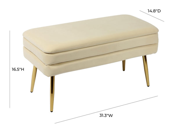 TOV Furniture Ziva Velvet Storage Bench with Plush Tufting and Gold Legs – Elegant, Functional Home Accent Piece Cream TOV-OC6467