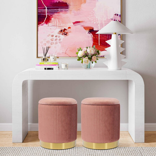 TOV Furniture Zoe Velvet Storage Ottoman - Chic Ribbed Upholstery with Gold Base for Glamorous Home Décor Solutions Blush TOV-OC68154