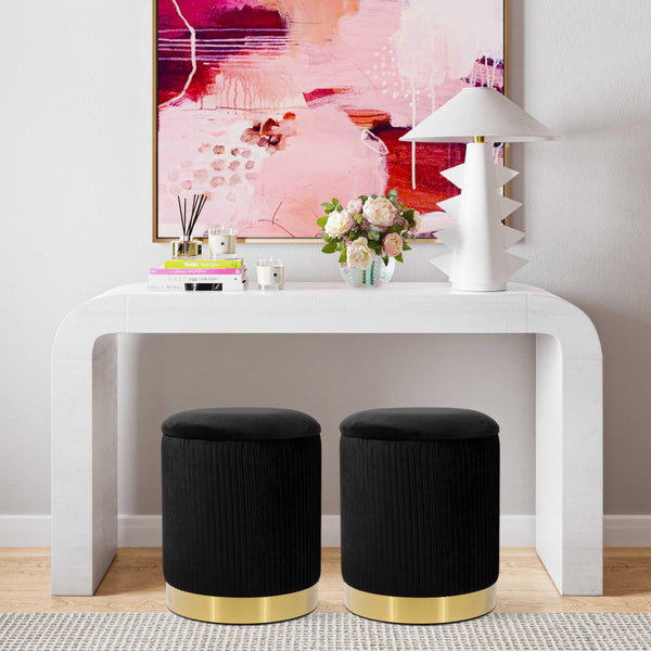 TOV Furniture Zoe Velvet Storage Ottoman - Chic Ribbed Upholstery with Gold Base for Glamorous Home Décor Solutions Black TOV-OC68155