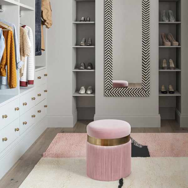 TOV Furniture Melody Velvet Tasseled Ottoman - Luxurious Accent Piece with Brushed Brass Accents & Plush Comfort Blush TOV-OC68212