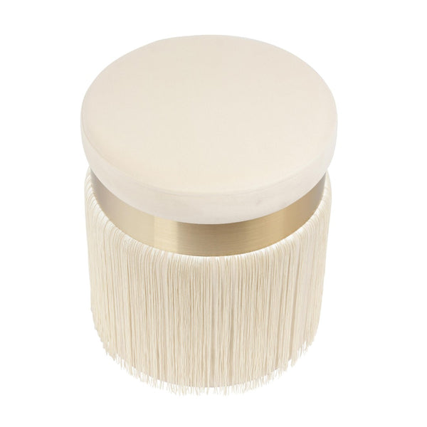 TOV Furniture Melody Velvet Tasseled Ottoman - Luxurious Accent Piece with Brushed Brass Accents & Plush Comfort Cream TOV-OC68213