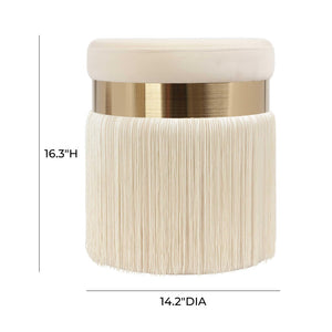 TOV Furniture Melody Velvet Tasseled Ottoman - Luxurious Accent Piece with Brushed Brass Accents & Plush Comfort Cream TOV-OC68213