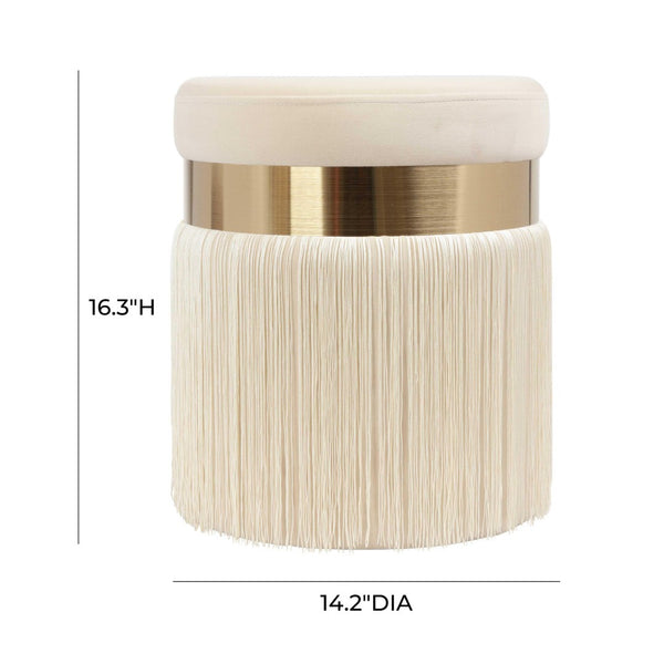 TOV Furniture Melody Velvet Tasseled Ottoman - Luxurious Accent Piece with Brushed Brass Accents & Plush Comfort Cream TOV-OC68213