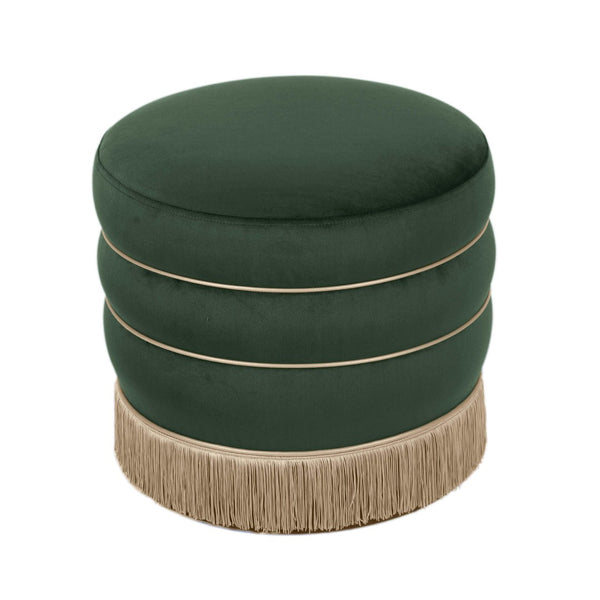 TOV Furniture Lakka Velvet Ottoman - Vintage Glamour Footrest with Tasseled Skirt and Vegan Leather Piping Green TOV-OC68564