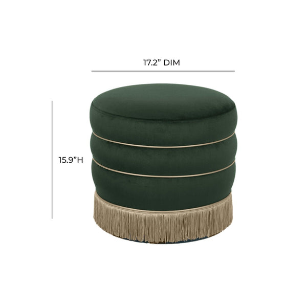 TOV Furniture Lakka Velvet Ottoman - Vintage Glamour Footrest with Tasseled Skirt and Vegan Leather Piping Green TOV-OC68564