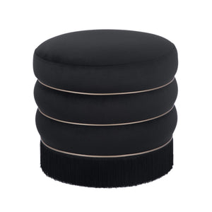 TOV Furniture Lakka Velvet Ottoman - Vintage Glamour Footrest with Tasseled Skirt and Vegan Leather Piping Black TOV-OC68566