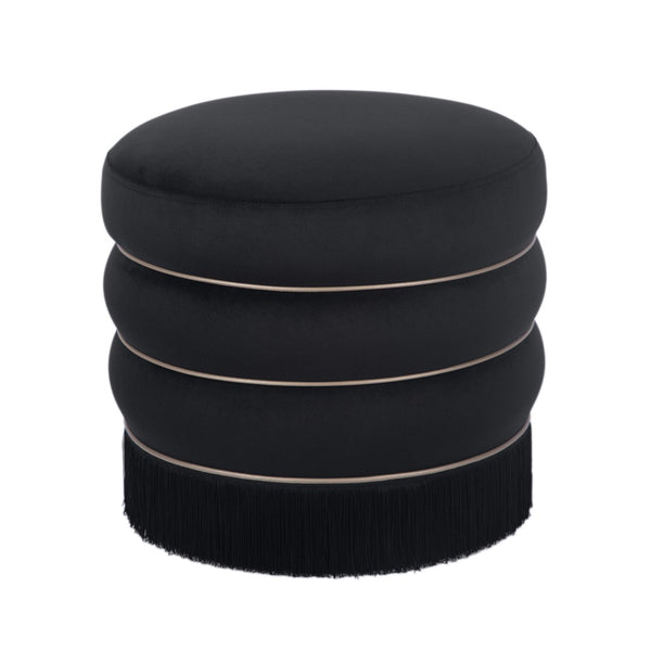 TOV Furniture Lakka Velvet Ottoman - Vintage Glamour Footrest with Tasseled Skirt and Vegan Leather Piping Black TOV-OC68566