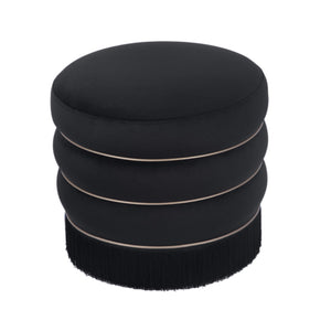 TOV Furniture Lakka Velvet Ottoman - Vintage Glamour Footrest with Tasseled Skirt and Vegan Leather Piping Black TOV-OC68566