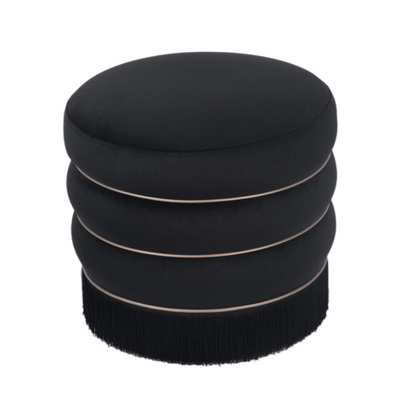 TOV Furniture Lakka Velvet Ottoman - Vintage Glamour Footrest with Tasseled Skirt and Vegan Leather Piping Black TOV-OC68566