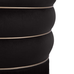 TOV Furniture Lakka Velvet Ottoman - Vintage Glamour Footrest with Tasseled Skirt and Vegan Leather Piping Black TOV-OC68566