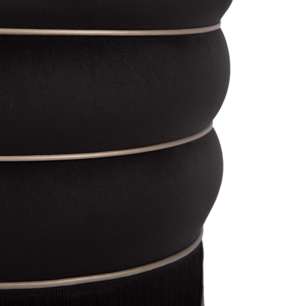 TOV Furniture Lakka Velvet Ottoman - Vintage Glamour Footrest with Tasseled Skirt and Vegan Leather Piping Black TOV-OC68566