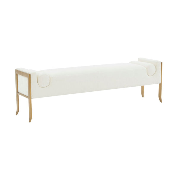 TOV Furniture Ines Textured Velvet Bench - Art Deco Style with Bolster Cushions and Brushed Brass Legs for Luxury Space Cream TOV-OC68642