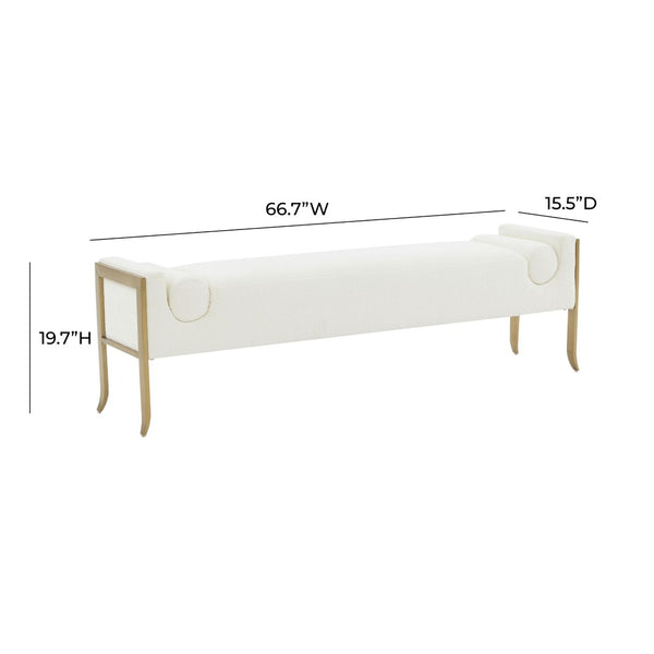 TOV Furniture Ines Textured Velvet Bench - Art Deco Style with Bolster Cushions and Brushed Brass Legs for Luxury Space Cream TOV-OC68642