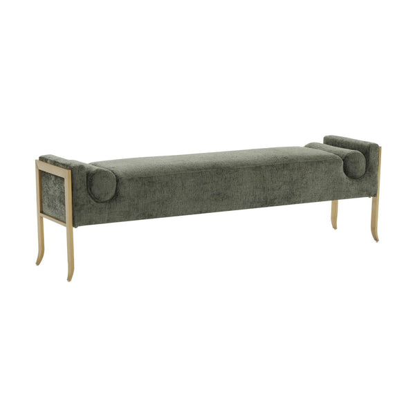 TOV Furniture Ines Textured Velvet Bench - Art Deco Style with Bolster Cushions and Brushed Brass Legs for Luxury Space Green TOV-OC68643