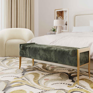 TOV Furniture Ines Textured Velvet Bench - Art Deco Style with Bolster Cushions and Brushed Brass Legs for Luxury Space Green TOV-OC68643