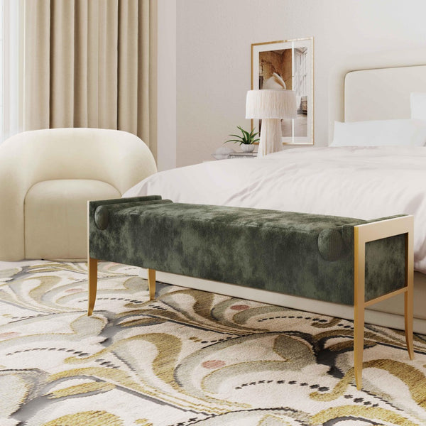 TOV Furniture Ines Textured Velvet Bench - Art Deco Style with Bolster Cushions and Brushed Brass Legs for Luxury Space Green TOV-OC68643