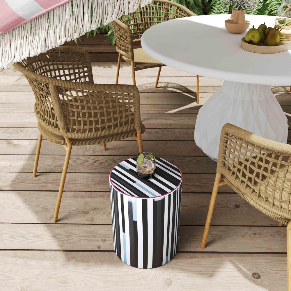 TOV Furniture Taurus Ceramic Stool - Vibrant Handcrafted Accent Table for Indoor & Covered Outdoor Spaces Black and White TOV-OC68776