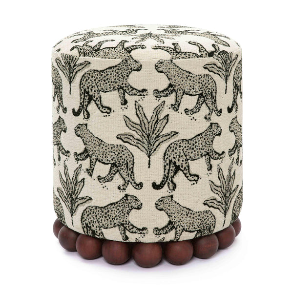 Tov Furniture Dex Whimsical Leopard Jacquard Ottoman - Chic Seating And Stylish Footrest For Vibrant Spaces Cream Fabric,Plywood,Wood Tov-oc69196