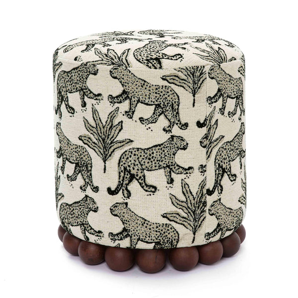 Tov Furniture Dex Whimsical Leopard Jacquard Ottoman - Chic Seating And Stylish Footrest For Vibrant Spaces Cream Fabric,Plywood,Wood Tov-oc69196