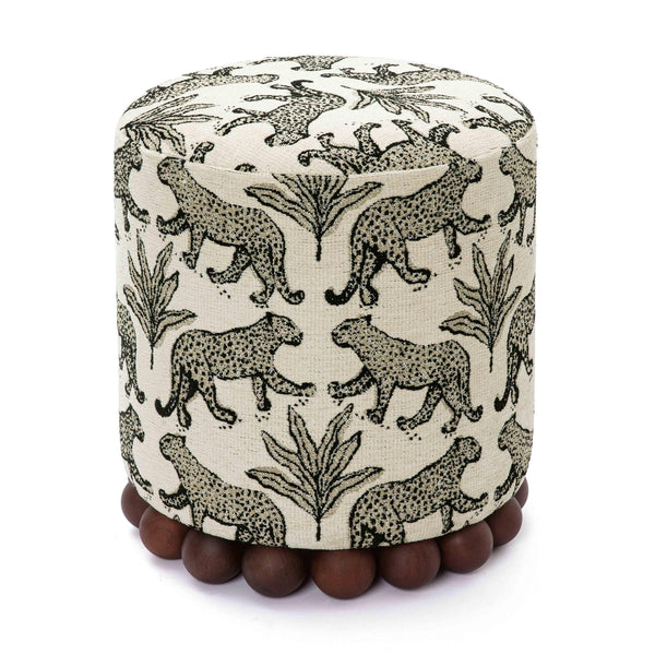 Tov Furniture Dex Whimsical Leopard Jacquard Ottoman - Chic Seating And Stylish Footrest For Vibrant Spaces Cream Fabric,Plywood,Wood Tov-oc69196